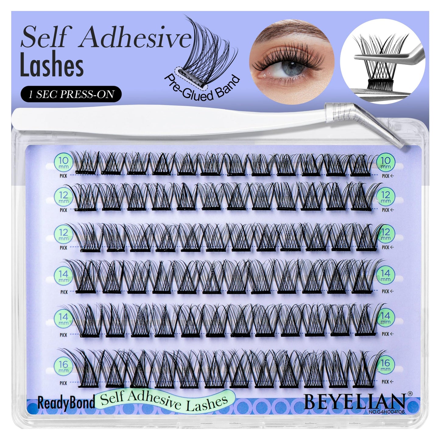 BEYELIAN Self Adhesive Lash Clusters Eyelashes, Press-on Lashes 10-16mm, Individual Lash Extension Kit with Lash Tweezer, No Glue Needed Waterproof Self Adhesive DIY Eyelash Extension (Y58,72 Pcs)