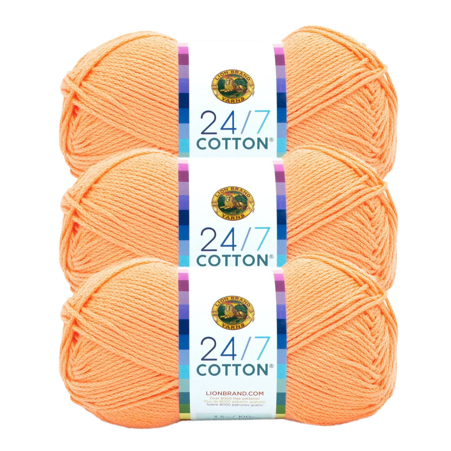 Lion Brand 24/7 Cotton Yarn, Lightweight Yarn for Knitting, Crocheting, and Crafts, Creamsicle, 3 Pack