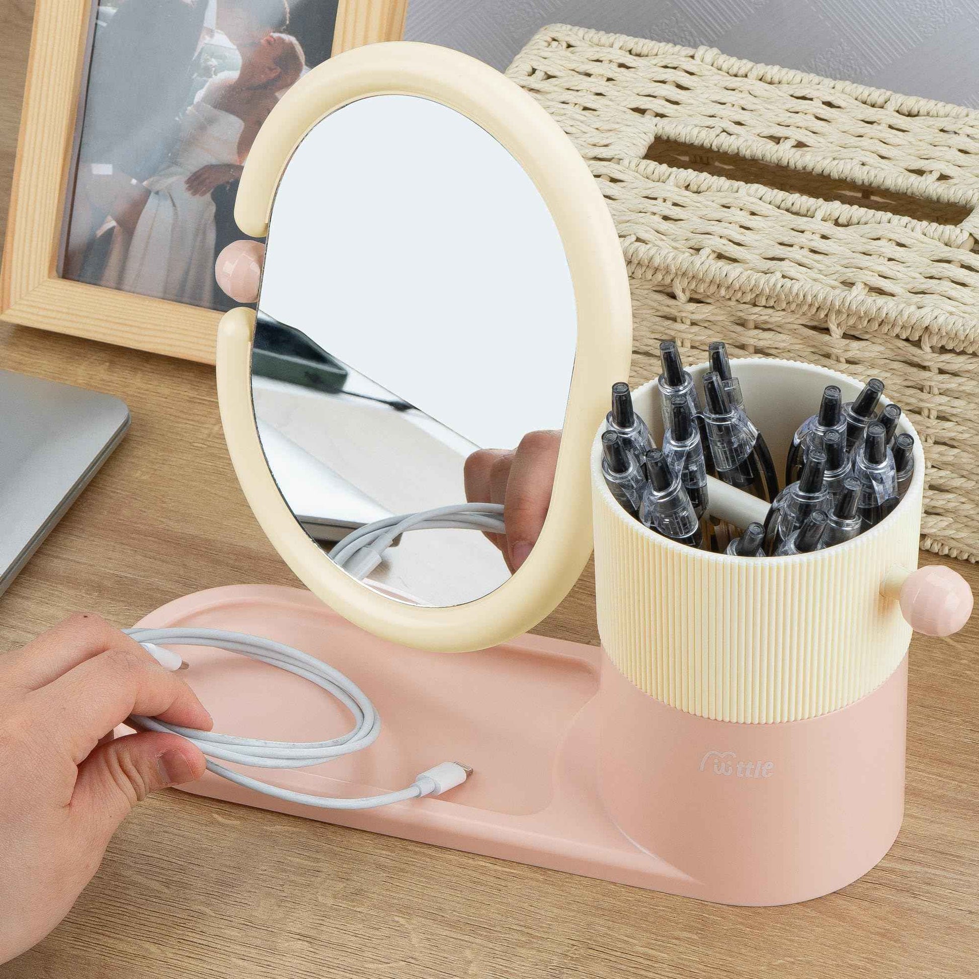 Umbrotiger Desk Organizer with Magnifying HD Rotating Glass Mirror 360° Adjustable Dual-Purpose Makeup Brush Holder Pen Caddy, Pink & White ABS Storage for Office & Vanity Accessories+Free Lens Cloth