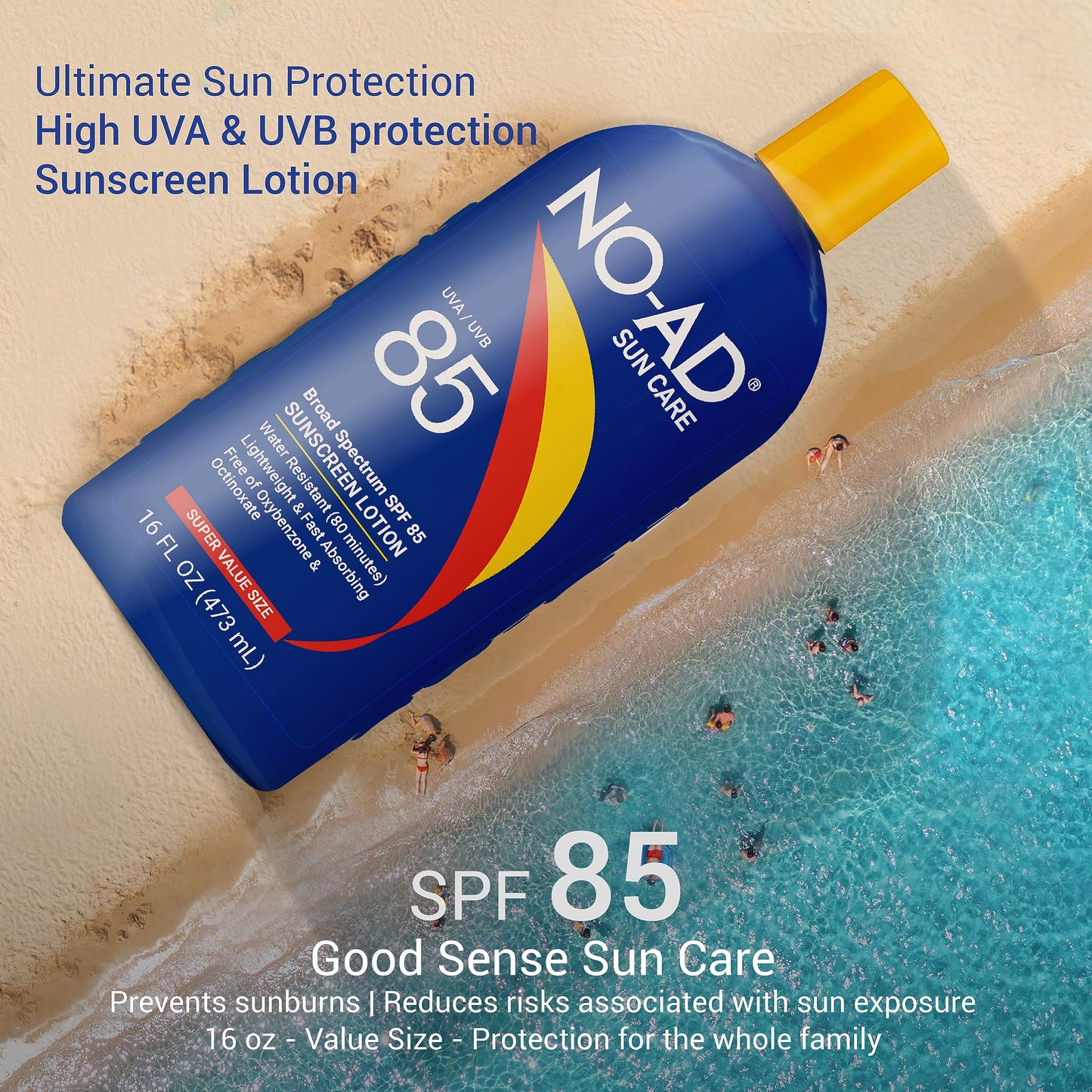 NO-AD SPF 85 Sunscreen Lotion | Broad Spectrum UVA/UVB Protection | Water Resistant | Octinoxate & Oxybenzone Free with moisturizing Vitamin E and Aloe 16oz