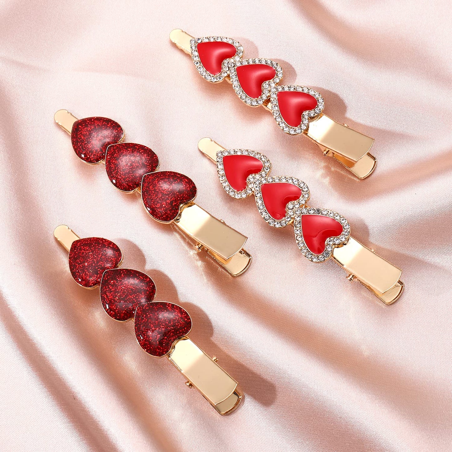 Valentine’s Day Hair Clips Sparkly Rhinestone Enamel Cupid Heart Hairpins for Women Girls Sweet Romantic Triple Love Alligator Clips Barrettes Pretty Styling Hair Accessory Party Gifts