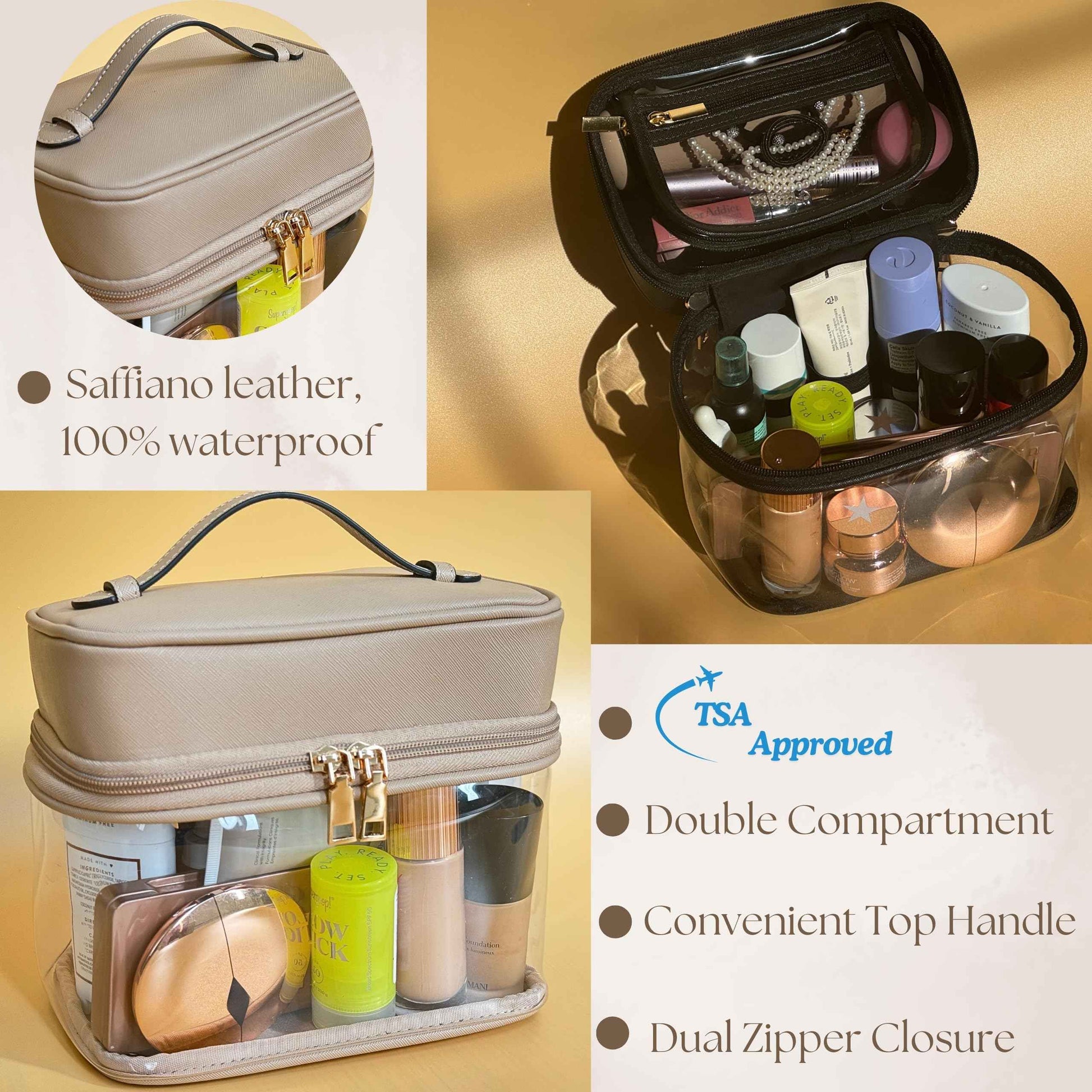 JAZD Clear Makeup Bag Toiletry Bag for Women Cosmetic Large Capacity Travel Make Up Bag Organizer Transparent Train Case TSA Approved (BEIGE)