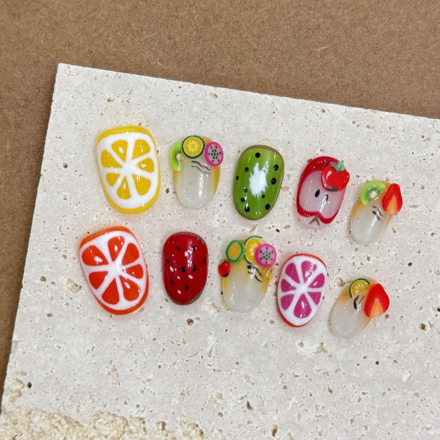 Wsiliana Summer Fruit Acrylics Nails Handmade Press On Nail Short Squoval Reusable Long Lasting Wear Fake Tip 3D Design Art Charms Cute with Storage Box 10 Pcs(050 L)