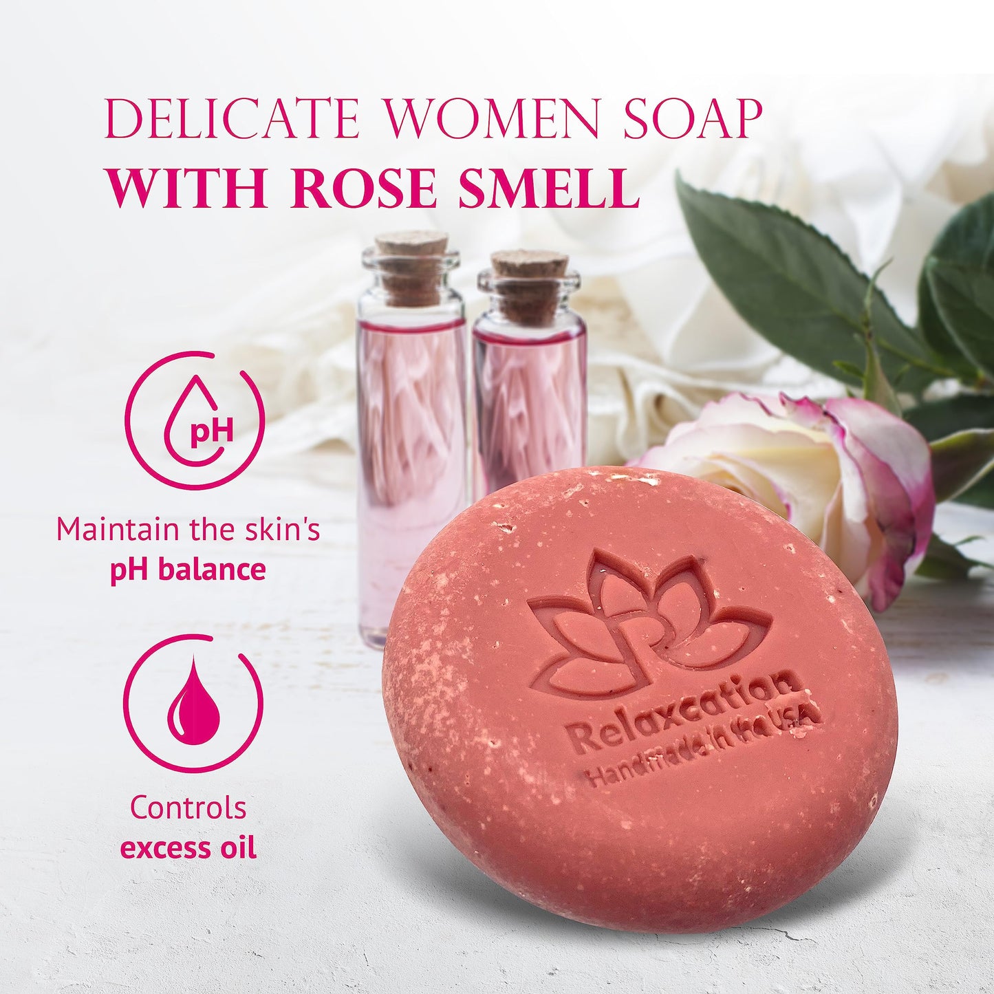 ROSE Natural Cold Process Soap with Fresh Rose Water, Kaolin Clay, Rose Petals, Moisturizing Coconut Oil - Gentle pink soap for sensitive skin - Perfect for face and body (Round Rose Soap)