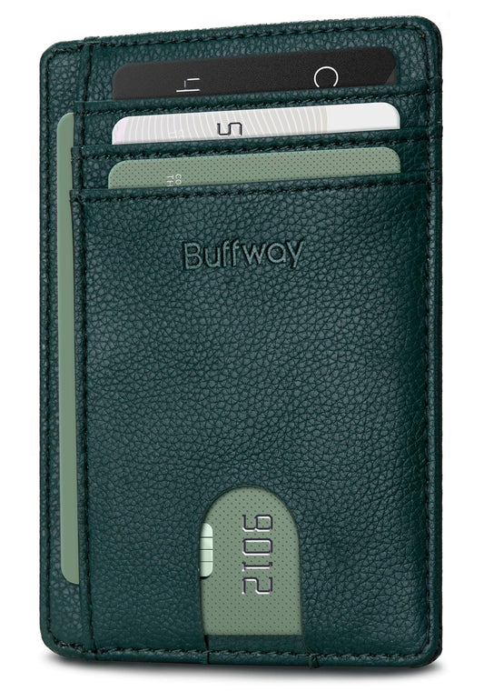 Buffway Slim Minimalist Front Pocket RFID Blocking Leather Wallets for Men and Women - Lichee Green