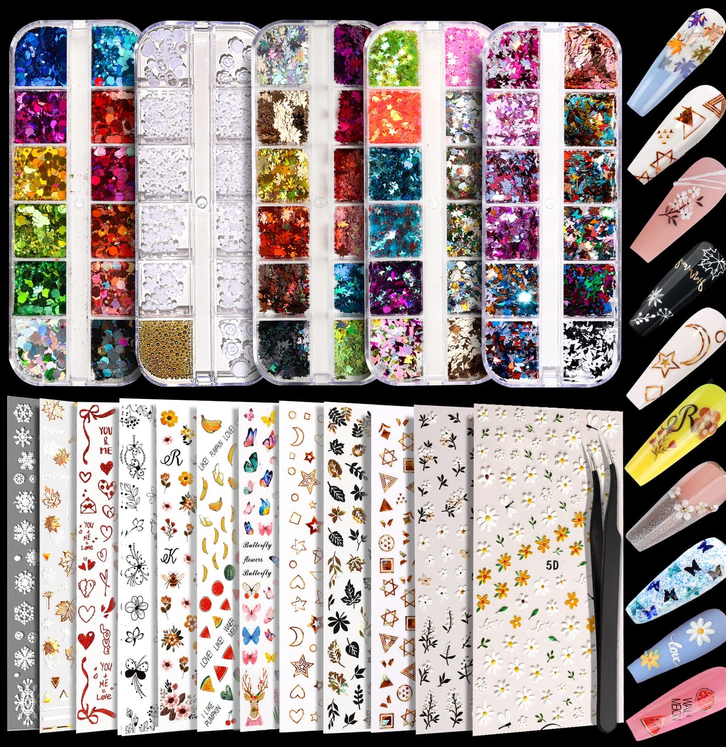 Teenitor 12 Sheets Nail Art Sticker Self-Adhesive, Flower Nail Stickers 5D Embossed Nail Decals, 5 Boxes Nail Art Glitter Sequins Flakes, Nail Art Design Tools Self Adhesive Nail Art Supplies