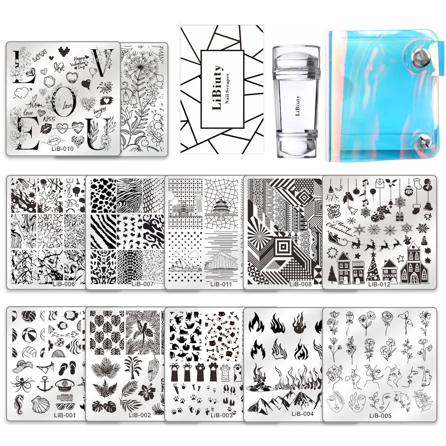 LiBiuty Nail Art Stamping Plate Kit, 12PCS Stamp Stencil Plates with Different Image Flower Leaves Animal Lace Pattern, 1 Silicone Double Sided Clear Stamper, 1 Scraper, 1 Template Storage Bag