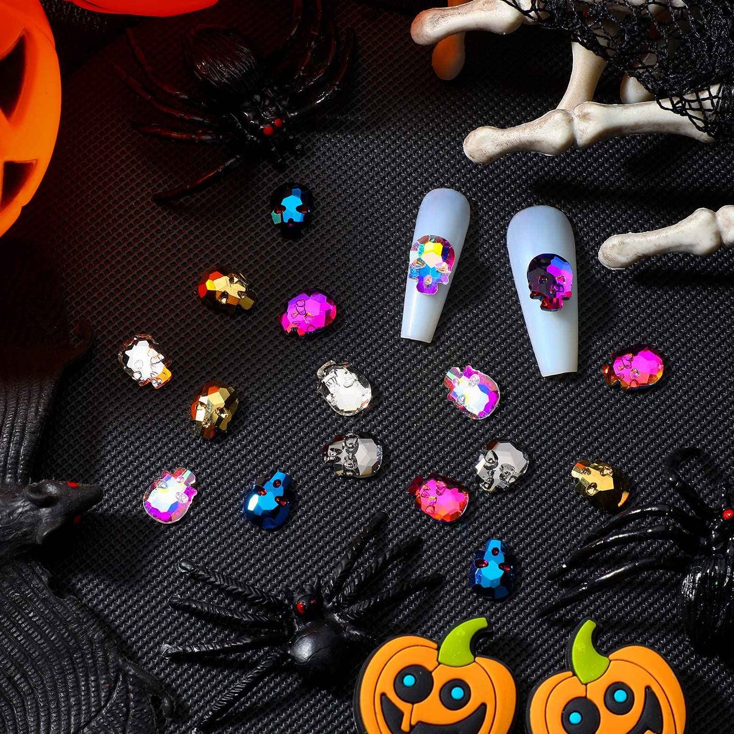 Queekay 70 Pcs Skull Nail Charms Halloween 3D Nail Art Charms Silver Gold Rainbow Alloy Rhinestone Skull for DIY Manicure