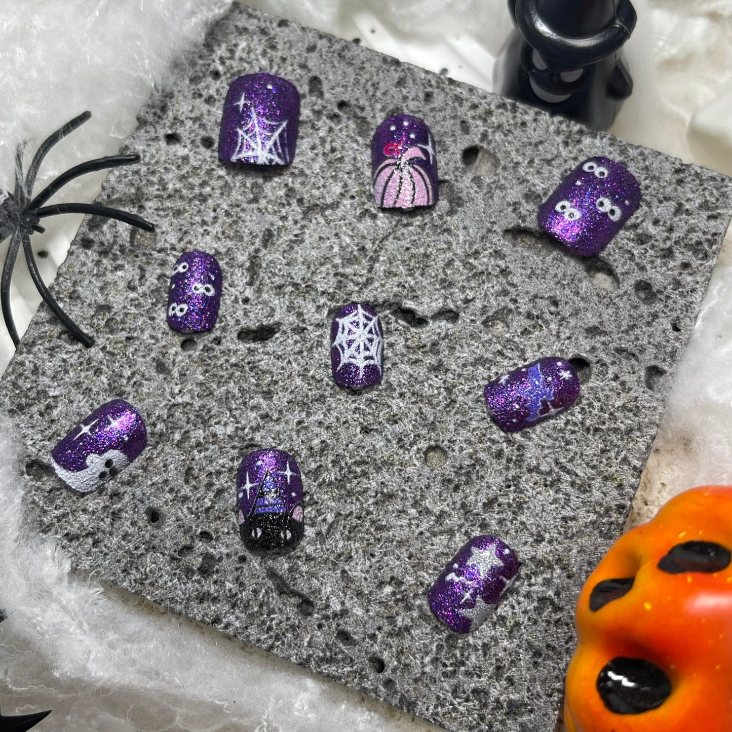 Halloween Press on Nails Short Square Fake Nails with Glitter Designs, Glossy Acrylic Nails Cute Ghost Nails Halloween Nails Purple Press on Nails Stick on Nails for Women Girls 24Pcs