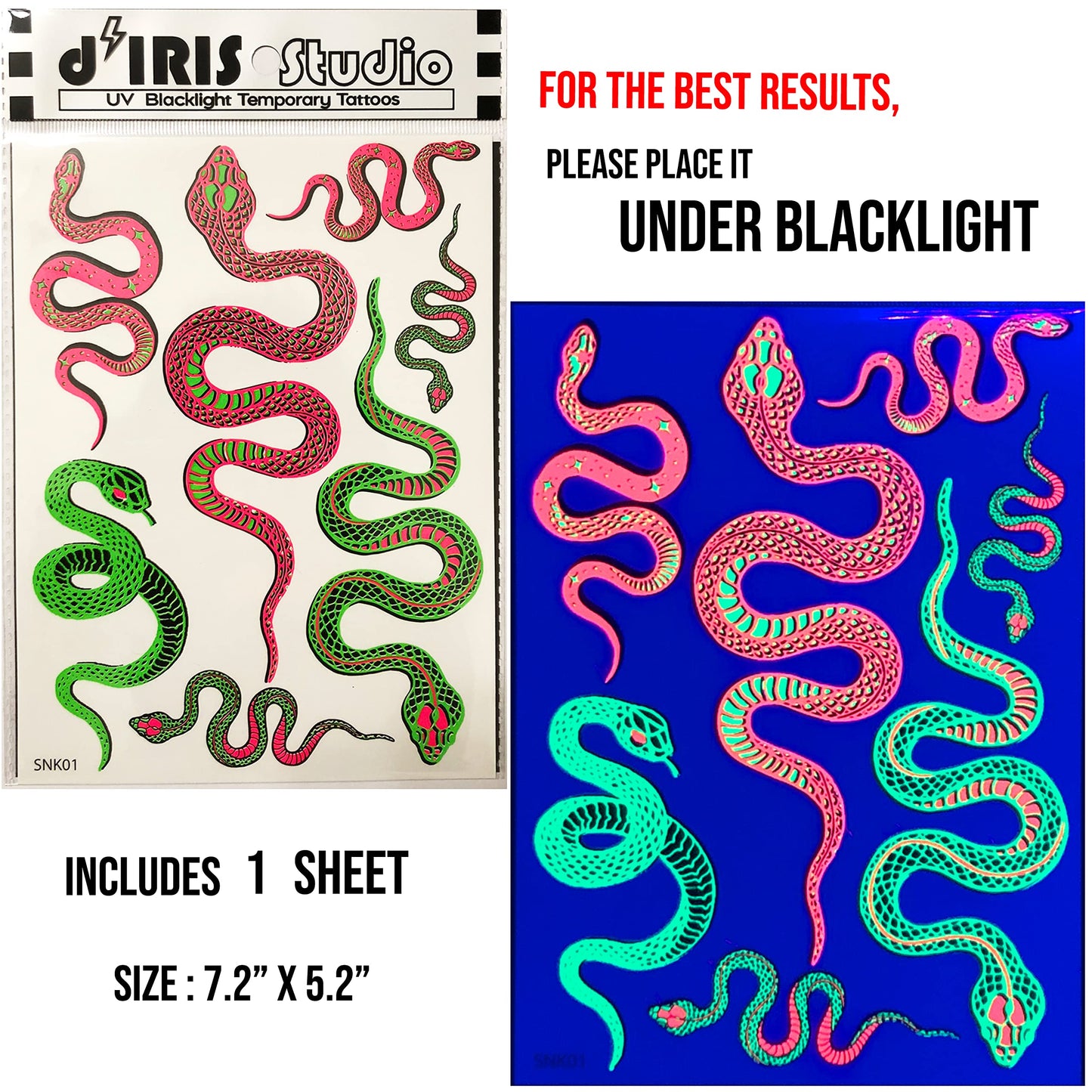 Blacklight Glow Party Temporary Tattoo-1 Sheet - Cobra