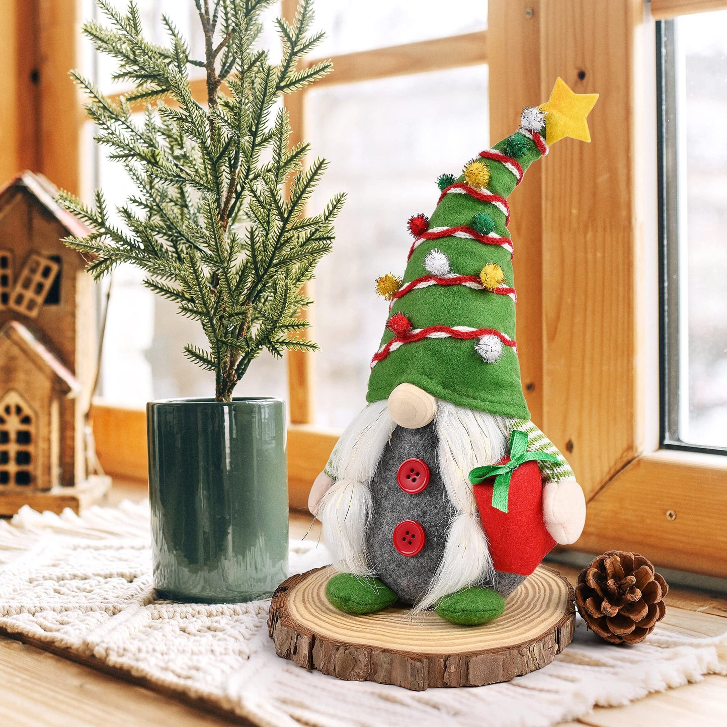 D-FantiX Christmas Gnomes Decorations, 2PCS Handmade Swedish Tomte Xmas Gnomes Plush Ornaments, Scandinavian Santa Figurines with Pine Cone Gift, Elf Doll Christmas Table Home Decorations(12 in)