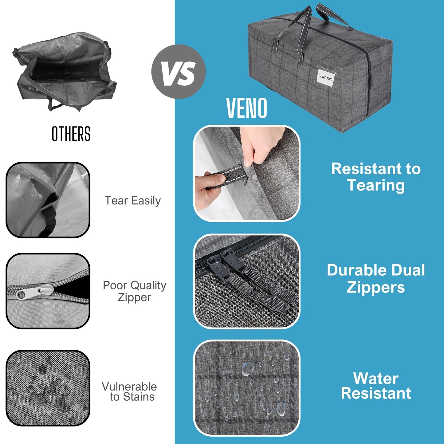 VENO 2 Pack Moving Bags w/Backpack Straps, Moving Boxes & Storage Bins Alternative, Packing Supplies, Camping Accessories Totes for Storage, Dorm Room Essentials Storage Bags (Windowpane, 2 Pack)