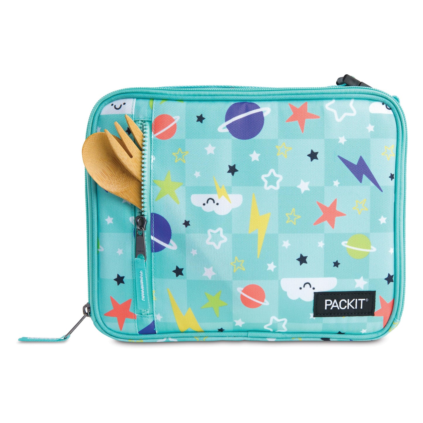 PackIt Freezable Classic Lunch Box, Happy Clouds, Built with ECOFREEZE Technology, Fully Freezable, Collapsible, Reusable, With Zip Front Pocket and Buckle Handle, Designed for Fresh Lunch On the Go