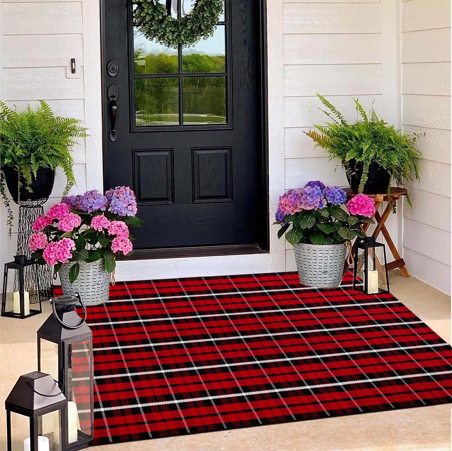 Christmas Checkered Outdoor Rugs 3' x 5'Red Black Buffalo Plaid Front Porch Rug Hand-Woven Machine Washable Indoor/Outdoor Layered Door Mats for Entryway/Bedroom/Outdoor