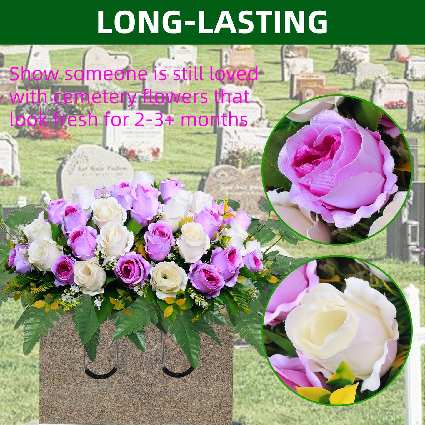 Lodou Artificial Cemetery Flower Saddles, Rose Headstone Flower Saddle Outdoor Grave Decorations,Cemetery Memorial Flowers with Vase for Grave Tombstone Decorations (Purple with white, Saddle)