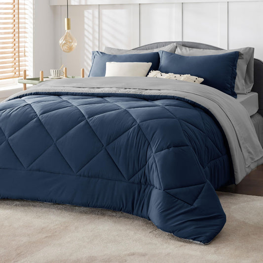 Bedsure Navy California King Comforter Set - 7 Pieces Reversible Bed Set, Bed in a Bag Cal King with Comforters, Sheets, Pillowcases & Shams