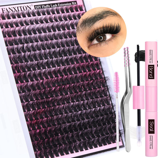 FANXITON DIY Lash Extension Kit Fluffy Lash Clusters 288 pcs Thick Lash Clusters Kit D Curl 10-18 mm Cluster Eyelash Extension Kit with Lash Bond and Seal Lash Tweezers Individual Lashes For Beginners