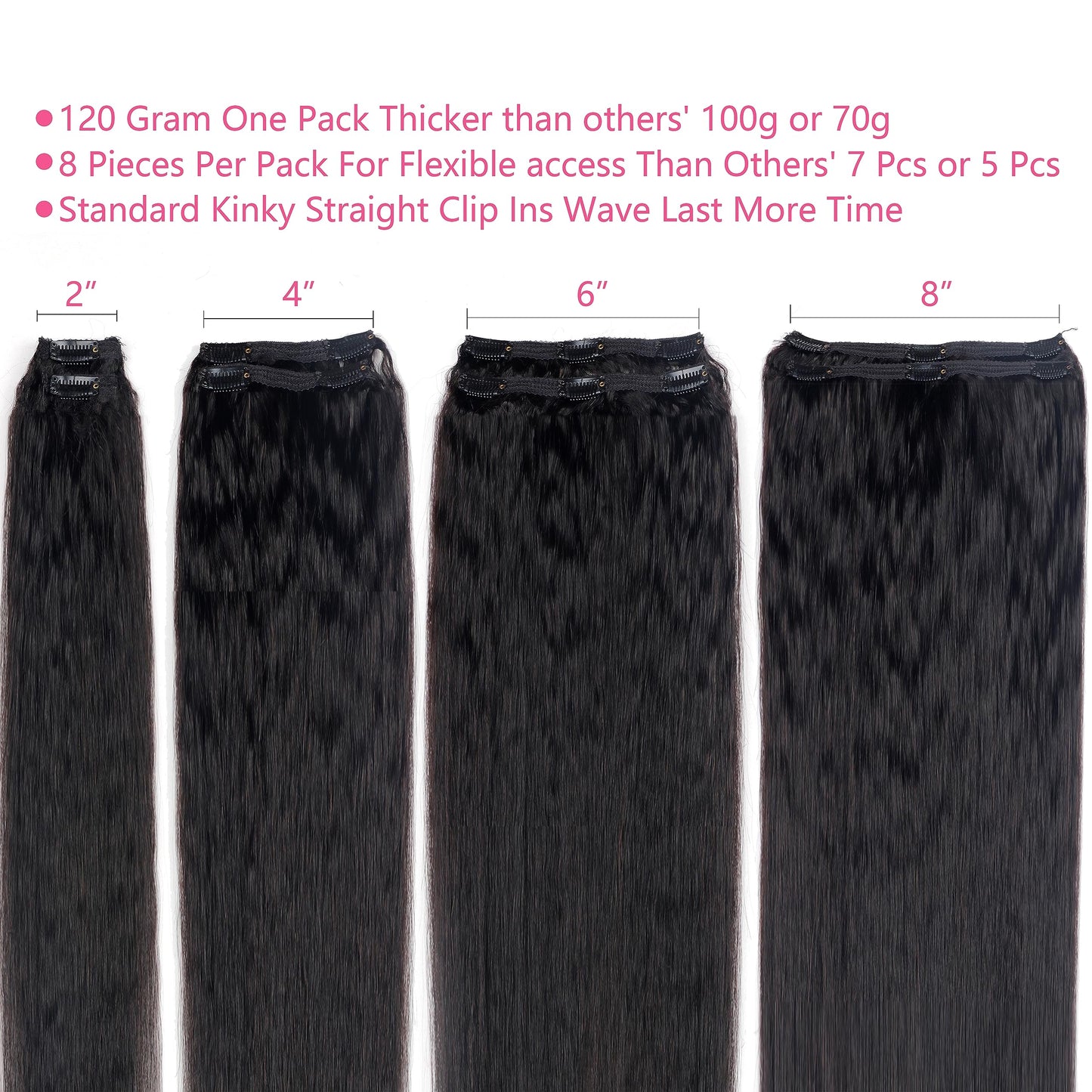 Kinky Straight Clip in Hair Extensions Real Human Hair Clip ins Natural Black Double Weft Clip ins for Women 18 Inch 120g 8pcs Kinky Straight Clip on Extensions Human Hair