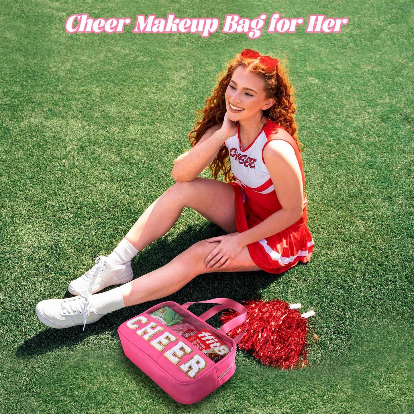 BuyCard Cheer Chenille Letter Bags Clear Makeup Bag, Cheerleader Gift Cosmetic Bag for Travel Zipper Pouch with Handle Cheer Accessories, Nylon & PVC Waterproof Toiletry Organizer Bag for Women Girls