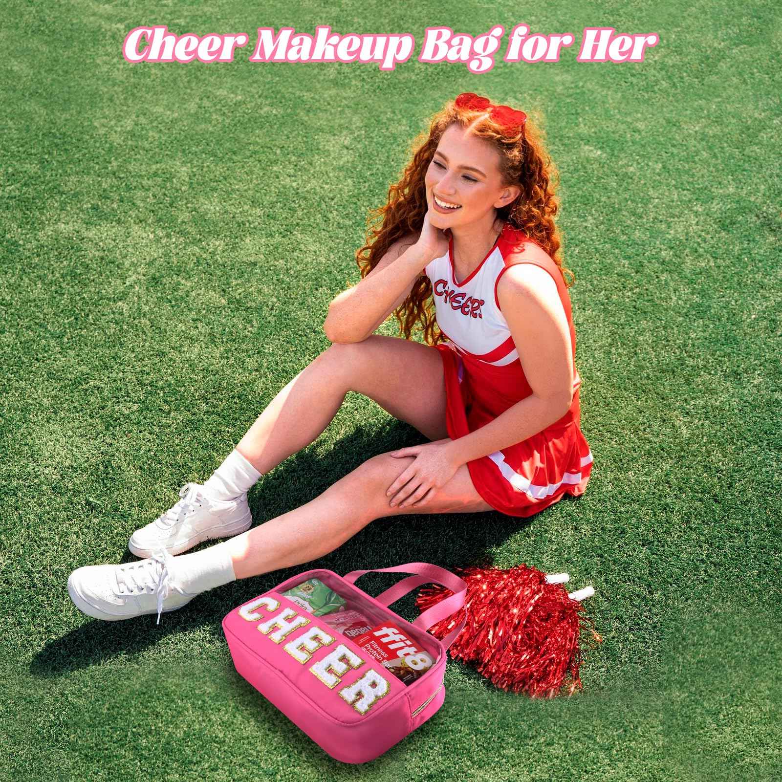 BuyCard Cheer Chenille Letter Bags Clear Makeup Bag, Cheerleader Gift Cosmetic Bag for Travel Zipper Pouch with Handle Cheer Accessories, Nylon & PVC Waterproof Toiletry Organizer Bag for Women Girls