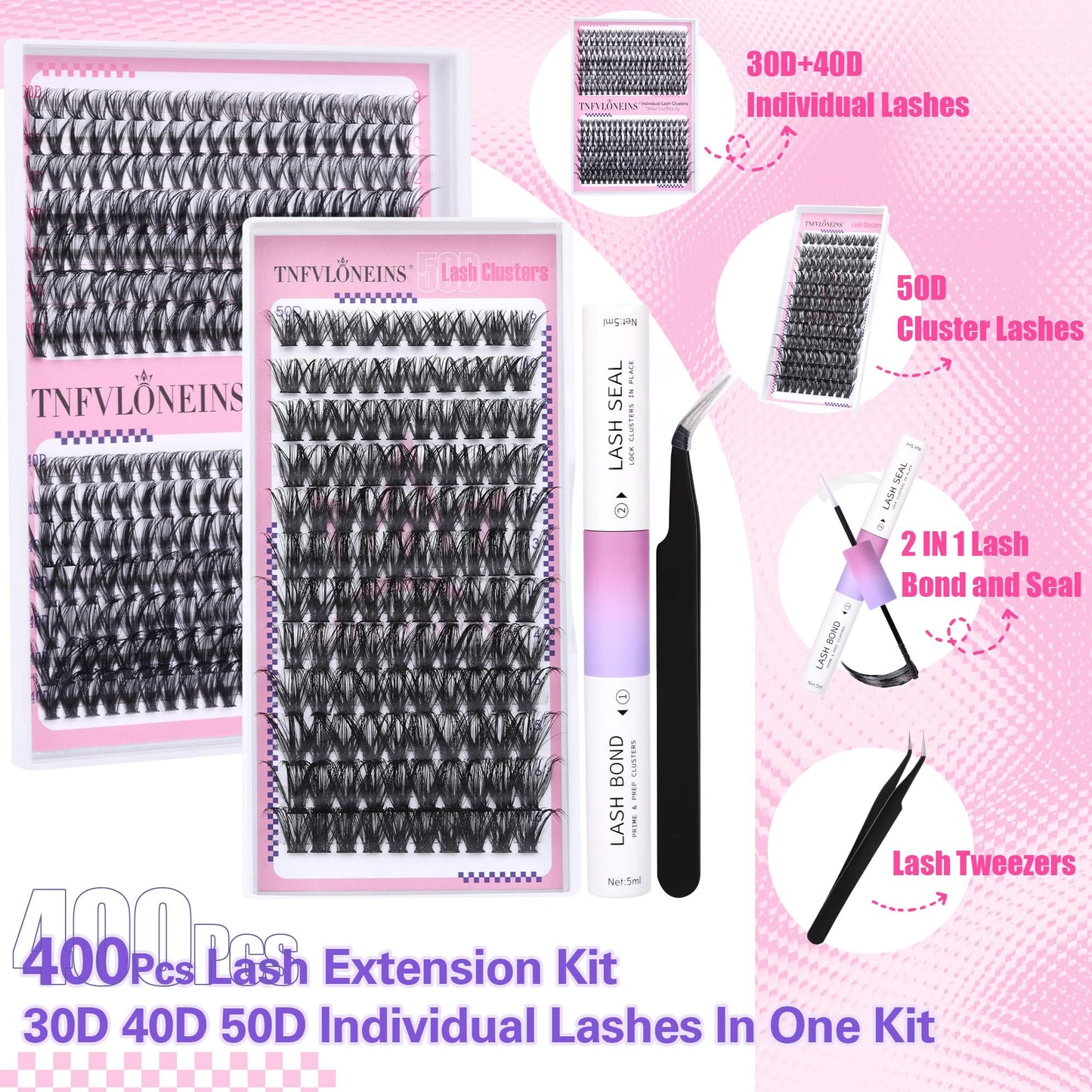 DIY Lash Extension Kit 400Pcs Cluster Lashes Kit 30D 40D 50D Individual Eyelash Extension Kit, Bond and Seal Lash Glue and Lash Clusters Applicator Tool for Eyelash Extensions(Kit-30D/40D/50D,9-16MIX)