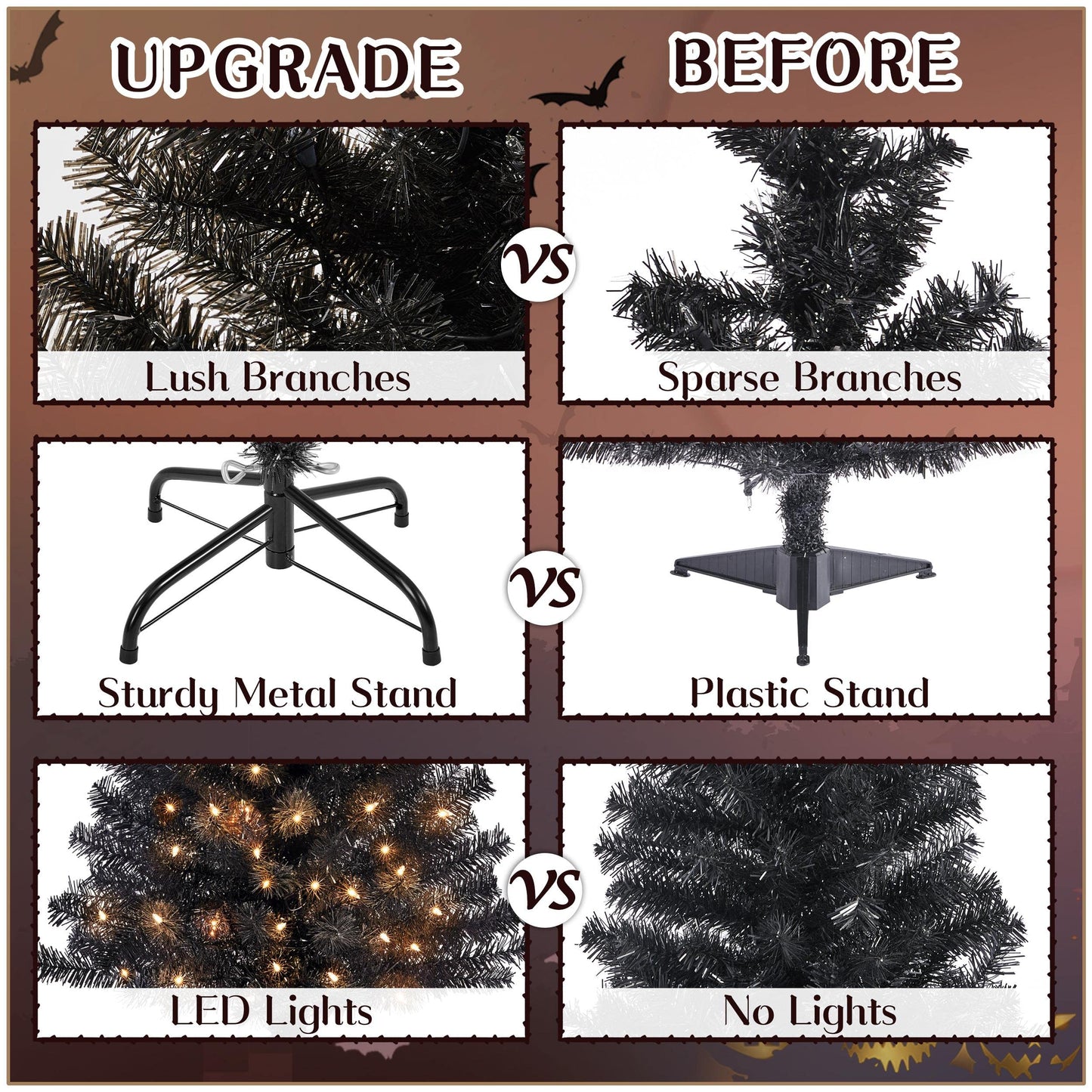 Yaheetech 4ft Pre-lit Halloween Black Spruce Artificial Hinged Christmas Pine Tree Prelighted Xmas Tree for Home Party Holiday Decoration with 70 Clear Warm White Lights and 110 Branch Tips, Black