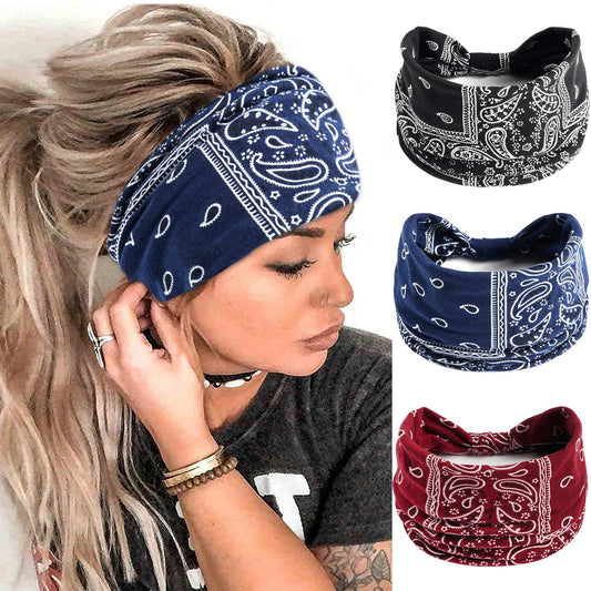 FULZTEY Wide Boho Headbands for Women Knotted Turban Retro Paisley Printed Head Bands Non Slip Hairbands Elastic Workout Yoga Sweatbands Soft Bandanas Fashion Hair Accessories for Girls Pack of 3