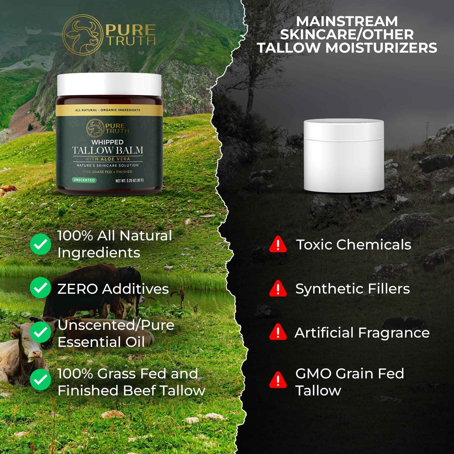 Pure Truth Beef Tallow for Skin (Unscented) - Whipped Tallow and Honey Balm, 100% Grass Fed Tallow for Face + Body Moisturizer Cream with Organic Honey, Aloe Vera, Jojoba Oil - For Men & Women 3.25 oz