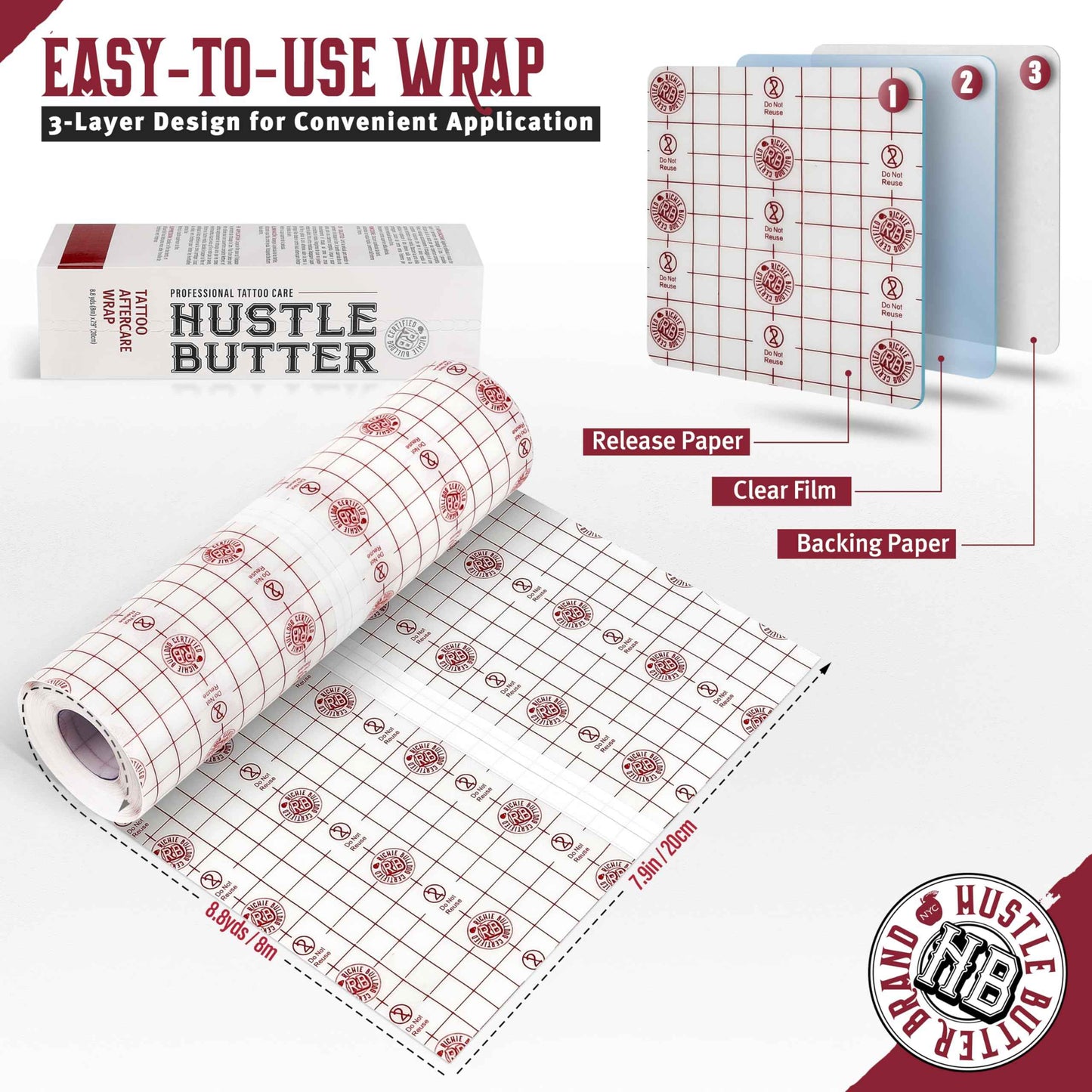 Hustle Butter Second Skin Tattoo Wrap - 7.9 Inches x 8.8 Yards - Transparent Adhesive Roll - Easy Removal, Mess-Free Body Art Wrap - Breathable & Latex-Free - Professional Size Tattoo Aftercare