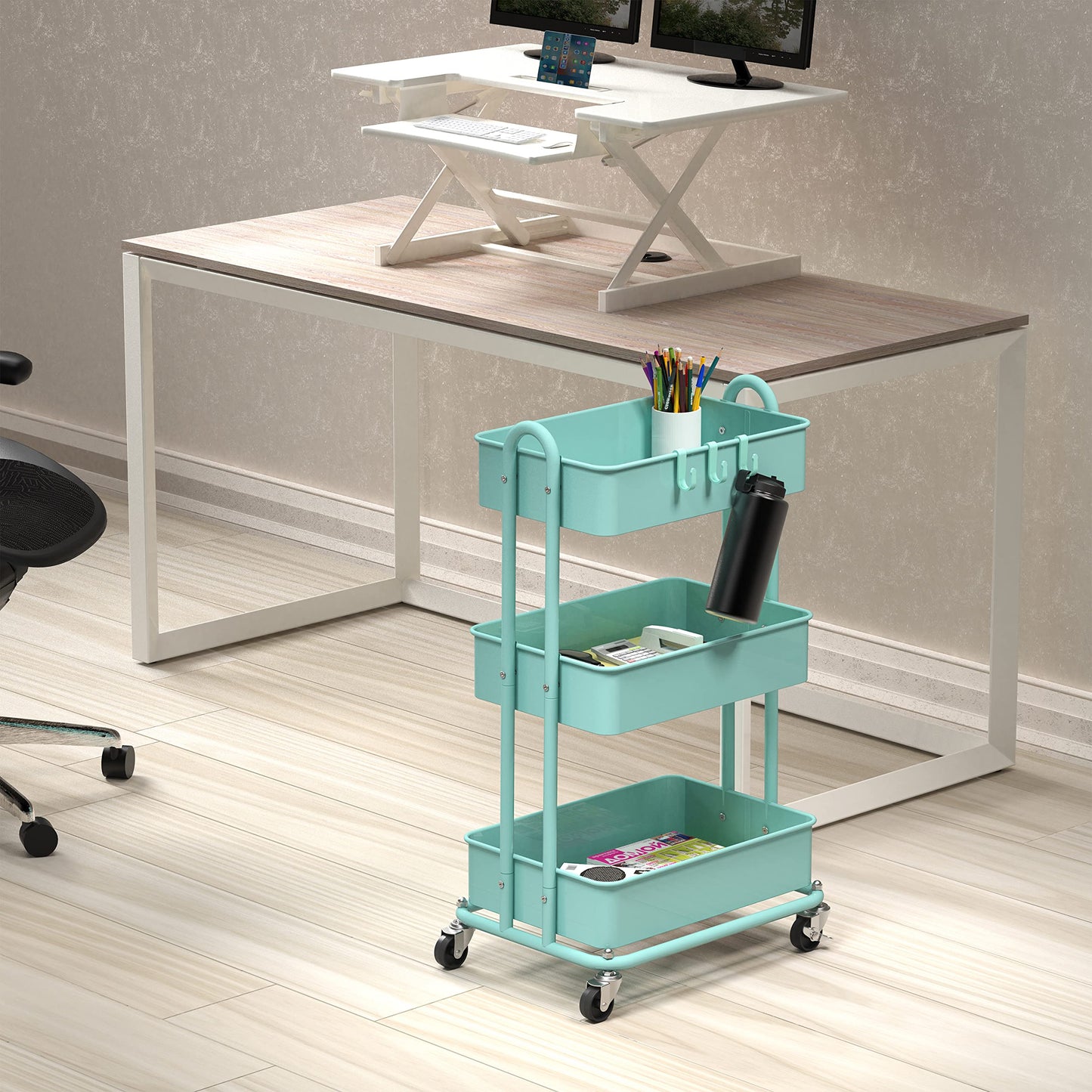 Simple Houseware Heavy Duty 3-Tier Metal Utility Rolling Cart, Turquoise