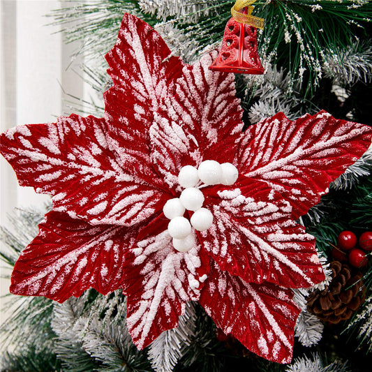 FuleHouzz 10pcs Snow Decorated Large Poinsettia Decorative Christmas Flower Stem for Christmas Tree Wreath Garland, Red/White