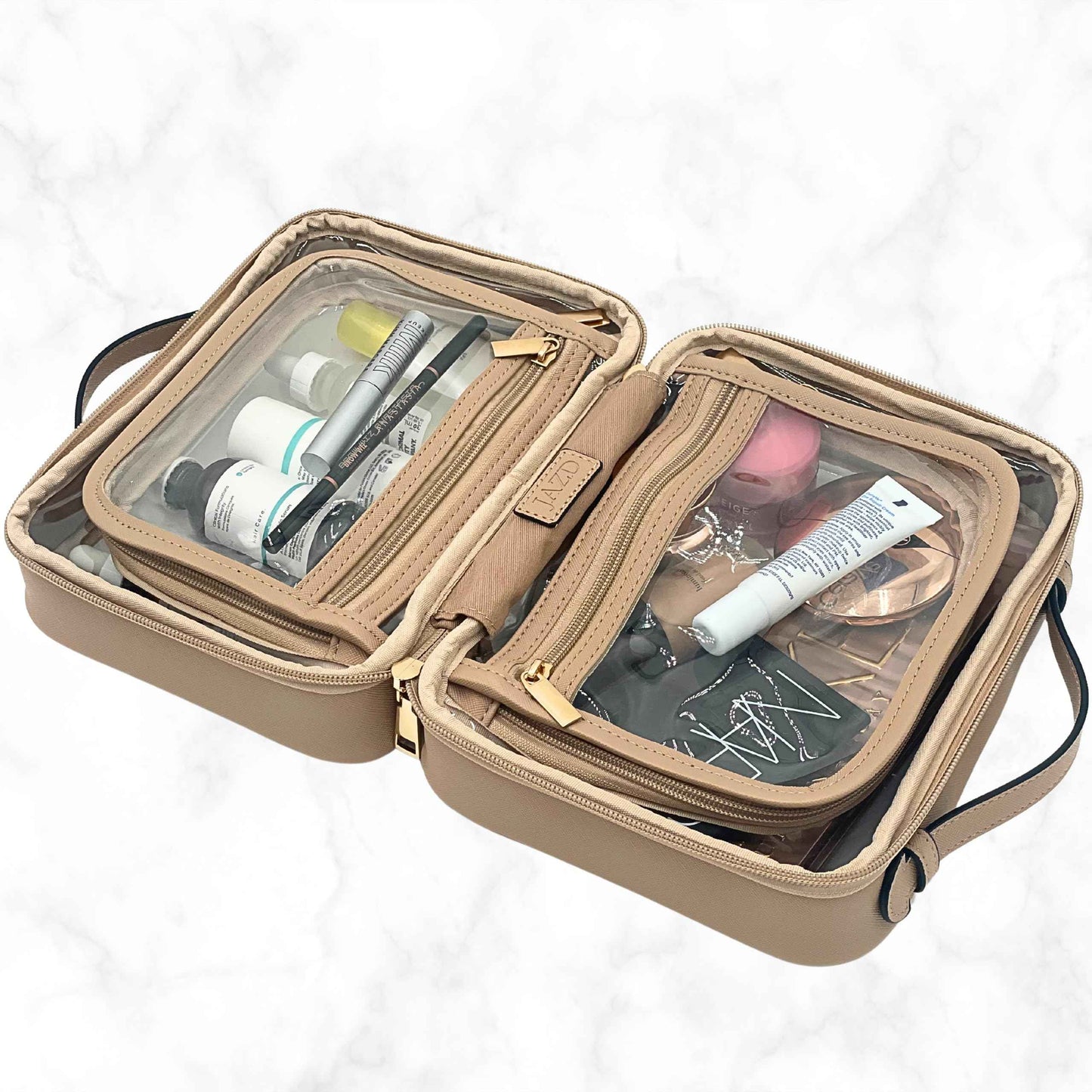 JAZD Clear Makeup Bag Toiletry Bag for Women Cosmetic Case Large Capacity Travel Make Up Bag Organizer Transparent Storage Compartment TSA Approved (BEIGE)