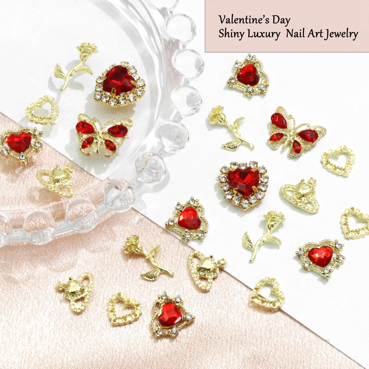 RODAKY 40PCS Valentine's Day Heart Charms for Acrylic Nails 3D Gold Butterfly Flower Nail Art Charms Gold Crown Charms for Manicure DIY Nail Gems for Nail Supplies Accessories for Women and Girls