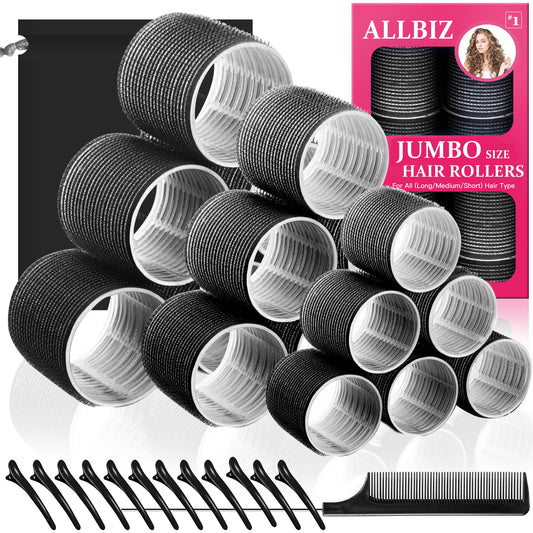 ALLBIZ 32 Pcs Set Jumbo Large Hair Rollers for Blowout Look with Clips, Comb and Bag, 3 Sizes Rollers for Long Hair, Medium and Short Hair, Black