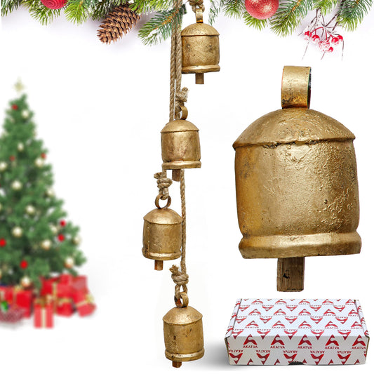 Akatva Christmas Bells for Decoration – Cow Bells for Rustic Christmas Decor – Gold Bells for Christmas Decorations – Vintage Bells – Rustic Bells on Rope – Bells for Crafts – Set of 4 Rustic Brass