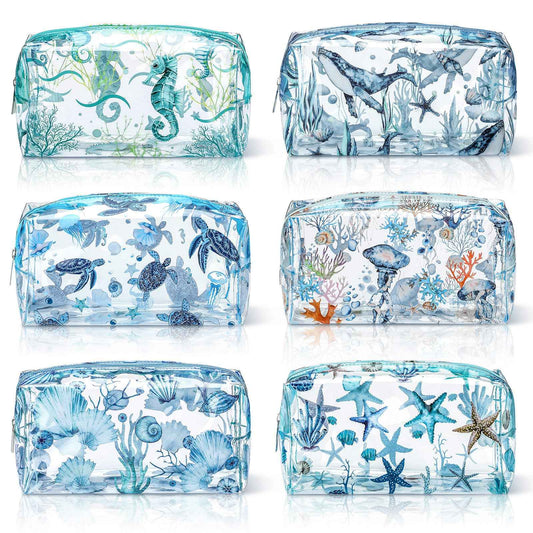 Kacctyen 6 Pcs Clear Makeup Bag Waterproof travel Cosmetic Thickened PVC Toiletry Beach Theme with Whale Starfish Turtle Ocean Sea Animals Print Beauty Cosmetic Makeup Bag Gifts