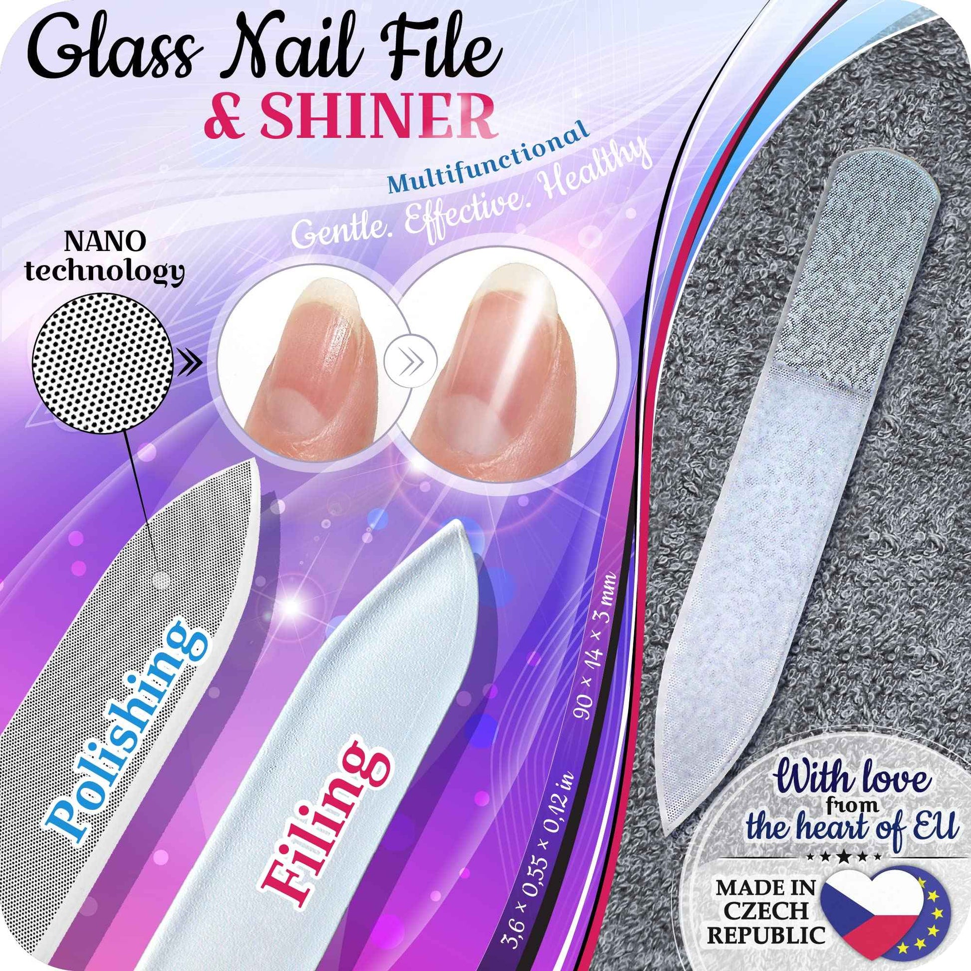 GLADZY Czech Glass Nail File Set with Glass Nail Shiner & Cuticle Pusher– 3 pcs Manicure Kit with Case, Multi-Functional Nano Buffer, Manicure Stick, Etched Crystal File for Natural Nails, Made in EU