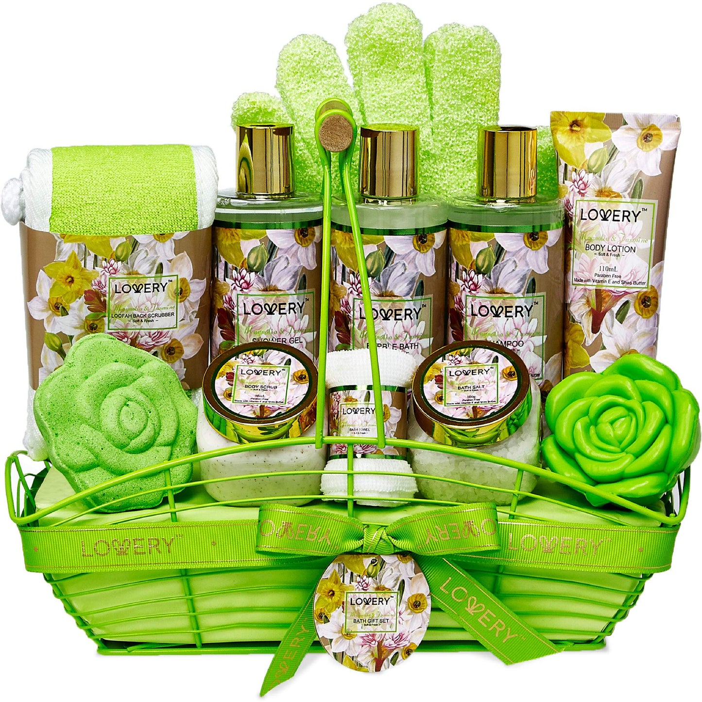 Christmas Gifts, Home Spa Gift Baskets For Women, Bath and Body Gift Basket, Magnolia & JasmineHome Spa Set, Fragrant Lotions, Bath Bomb, Towel, Shower Gloves, Green Wired Bread Basket & More,13Pcs