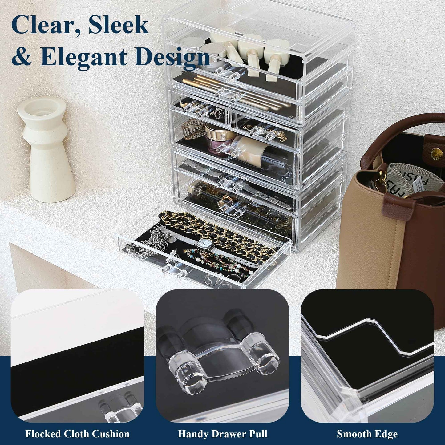 Sea Team 3-Tier Stackable Clear Makeup Organizer with Drawers, Acrylic Plastic Cosmetic Display Case, Jewelry Storage Box, Holder for Dresser, Bathroom, Vanity, Countertop (8 Drawers)