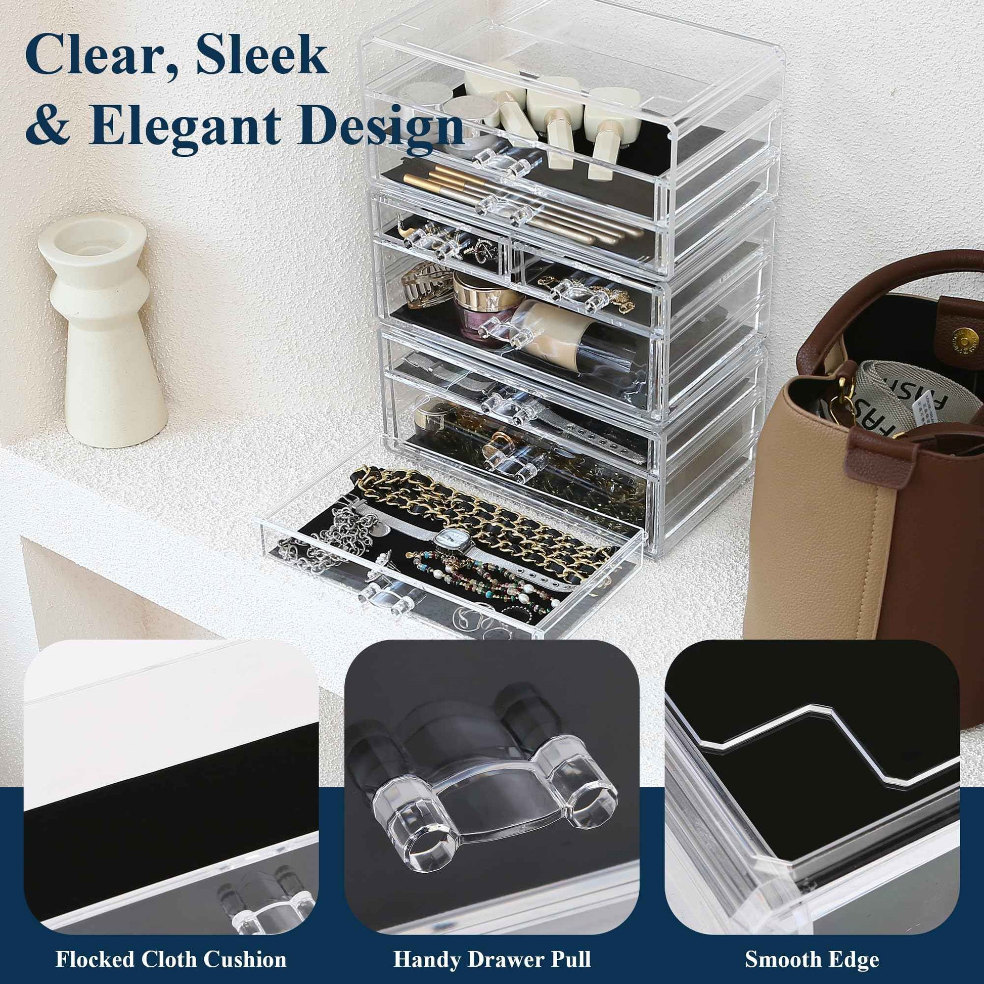 Sea Team 3-Tier Stackable Clear Makeup Organizer with Drawers, Acrylic Plastic Cosmetic Display Case, Jewelry Storage Box, Holder for Dresser, Bathroom, Vanity, Countertop (8 Drawers)