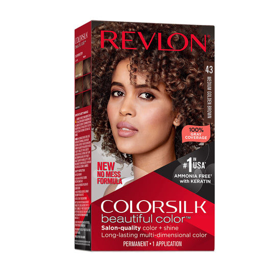 Revlon Colorsilk Beautiful Color Permanent Hair Color, Long-Lasting High-Definition Color, Shine & Silky Softness with 100% Gray Coverage, Ammonia Free, 043 Medium Golden Brown, 1 Pack