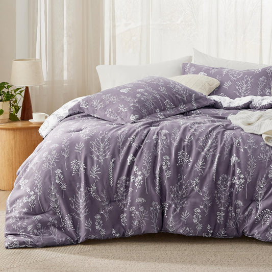 Bedsure Twin/Twin XL Comforter Set Dorm Bedding - Grayish Purple Comforter, Floral Twin/Twin Extra Long Bedding Comforter Set, 2 Pieces, 1 Reversible Botanical Flowers Comforter and 1 Pillow Sham