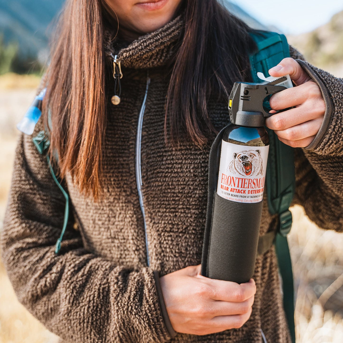 SABRE Frontiersman 7.9 fl oz. Bear Spray, Maximum Strength 2.0% Major Capsaicinoids, Powerful 30 ft. Range Bear Deterrent, Outdoor Camping & Hiking Protection, Quick Draw Holster & Multipack Options