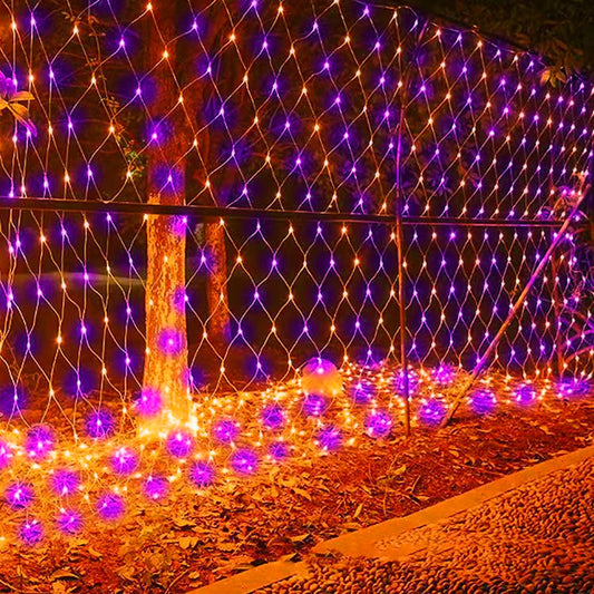 Dazzle Bright Halloween 360 LED Net Lights, 12FT x 5 FT Connectable Waterproof String Lights with 8 Modes, Halloween Decorations for Indoor Outdoor Party Yard Garden Decor, Purple & Orange