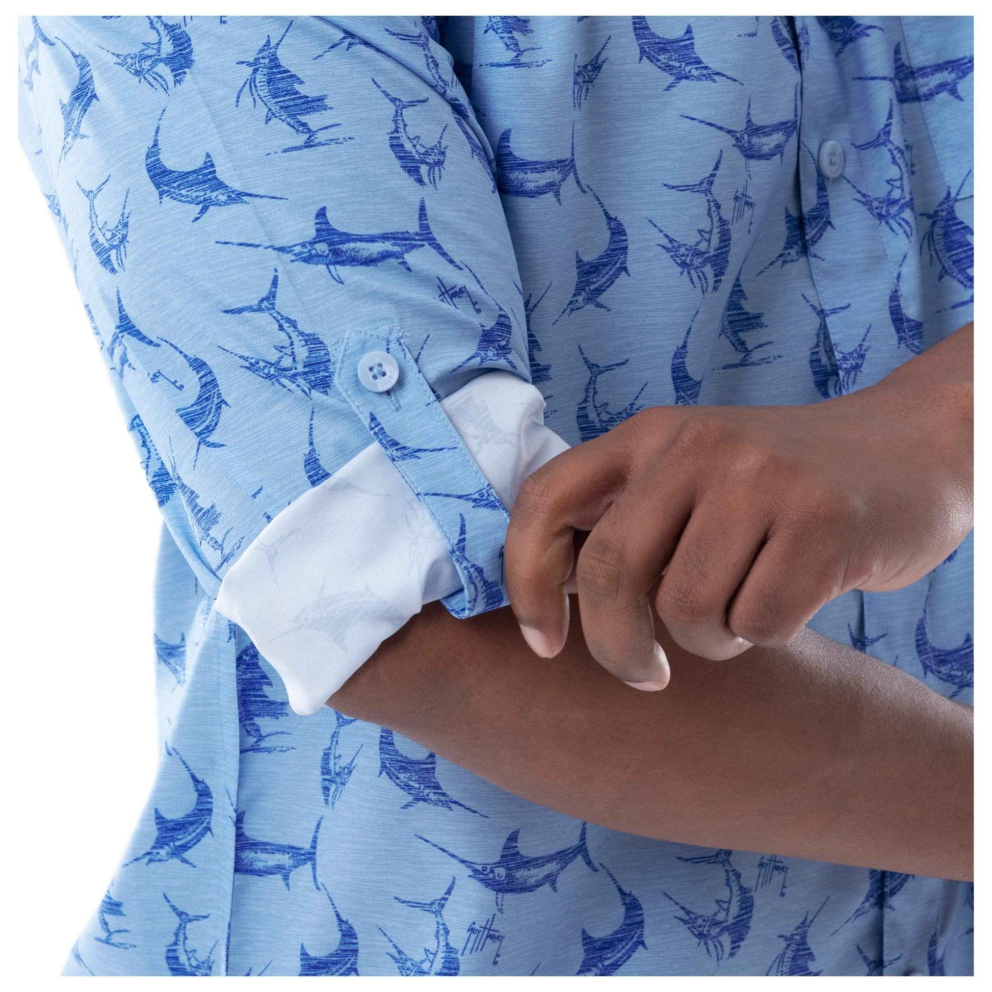 Guy Harvey Men's Long Sleeve Performance Fishing Shirt, Powder Blue, Large