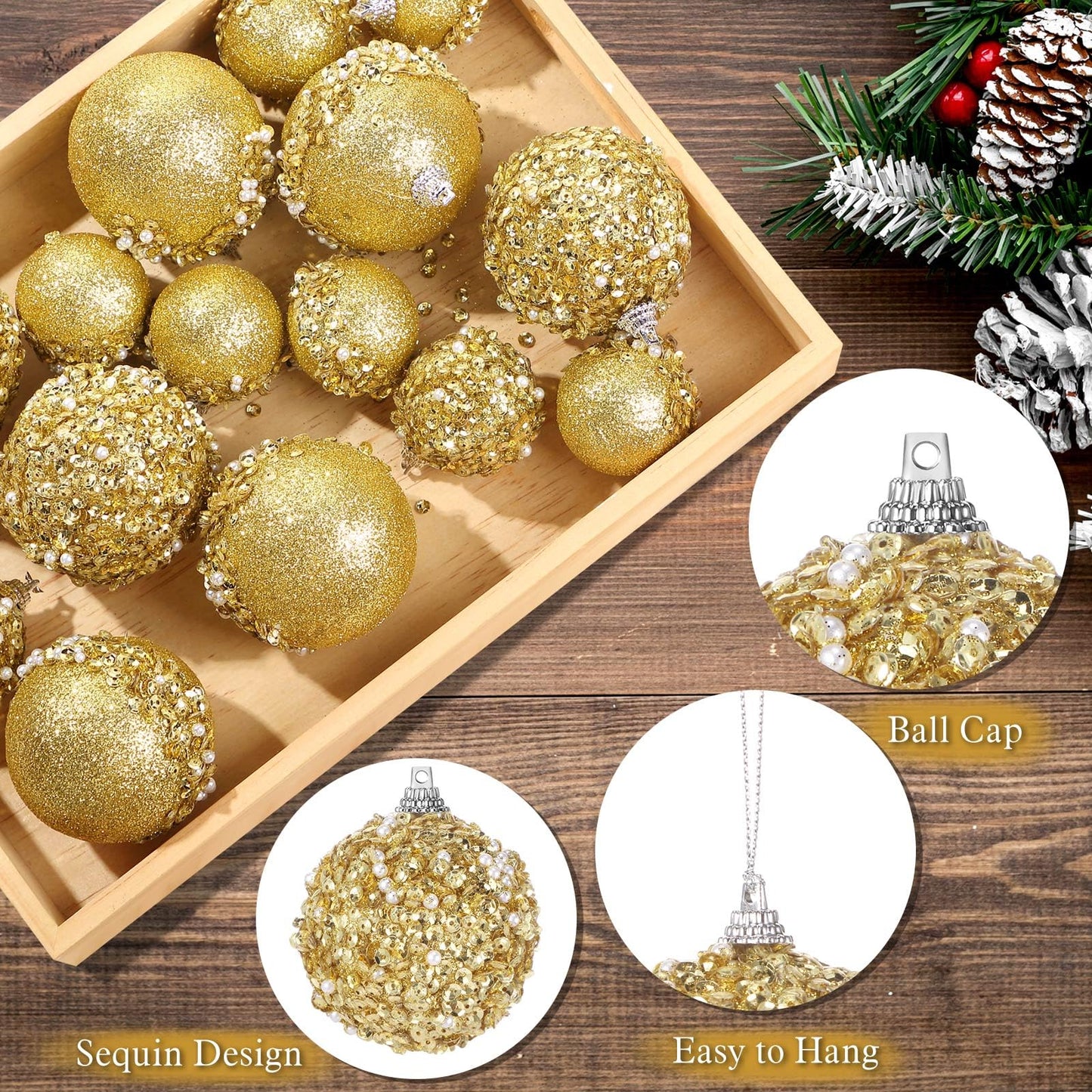 Poen 24 Pcs Glitter Christmas Ball Ornaments Set Christmas Tree Ornaments Hanging Sequin Foam Christmas Balls Decoration for Xmas Tree Wreath Garland Christmas Home Decor Wedding Party(Gold)