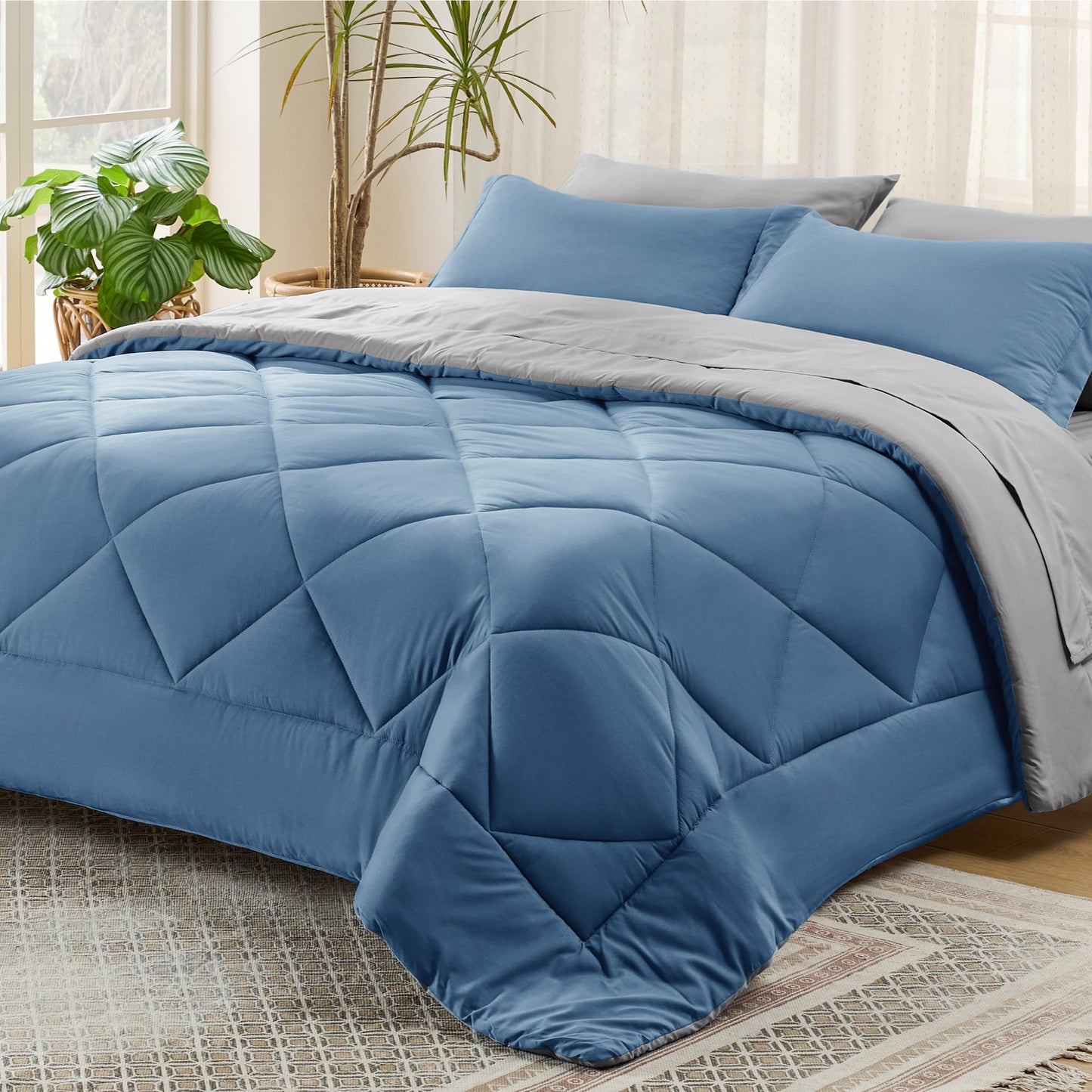 Bedsure Blue Twin Comforter Set - 5 Pieces Reversible Blue Bedding Set Twin, Blue Extra Long Bed Set with Comforters, Sheets, Pillowcase & Sham