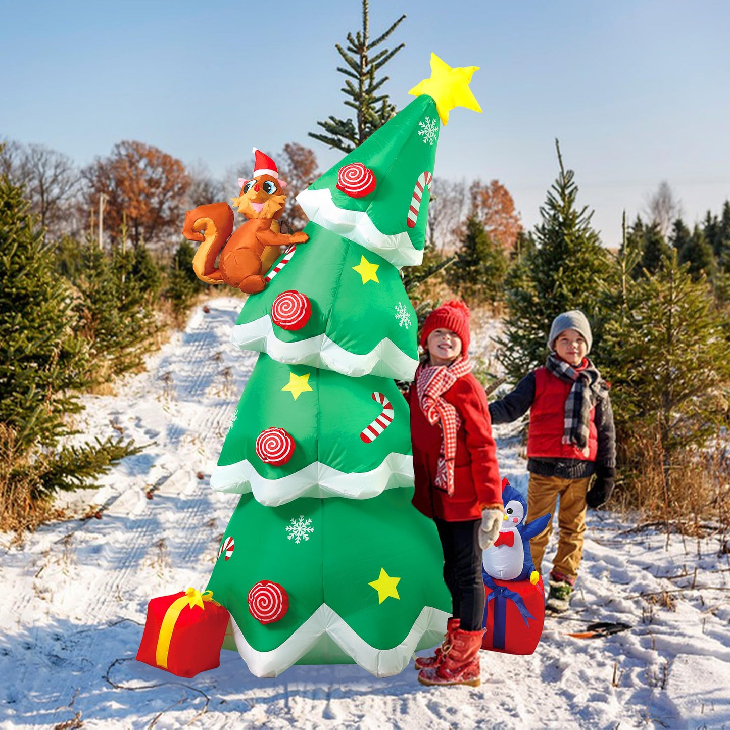 7FT Inflatable Christmas Tree Outdoor Decorations, Blow Up Christmas Tree with Penguins, Xmas Yard Decor with Built-in LED Lights for Indoor, Garden, Lawn, Holiday, Party