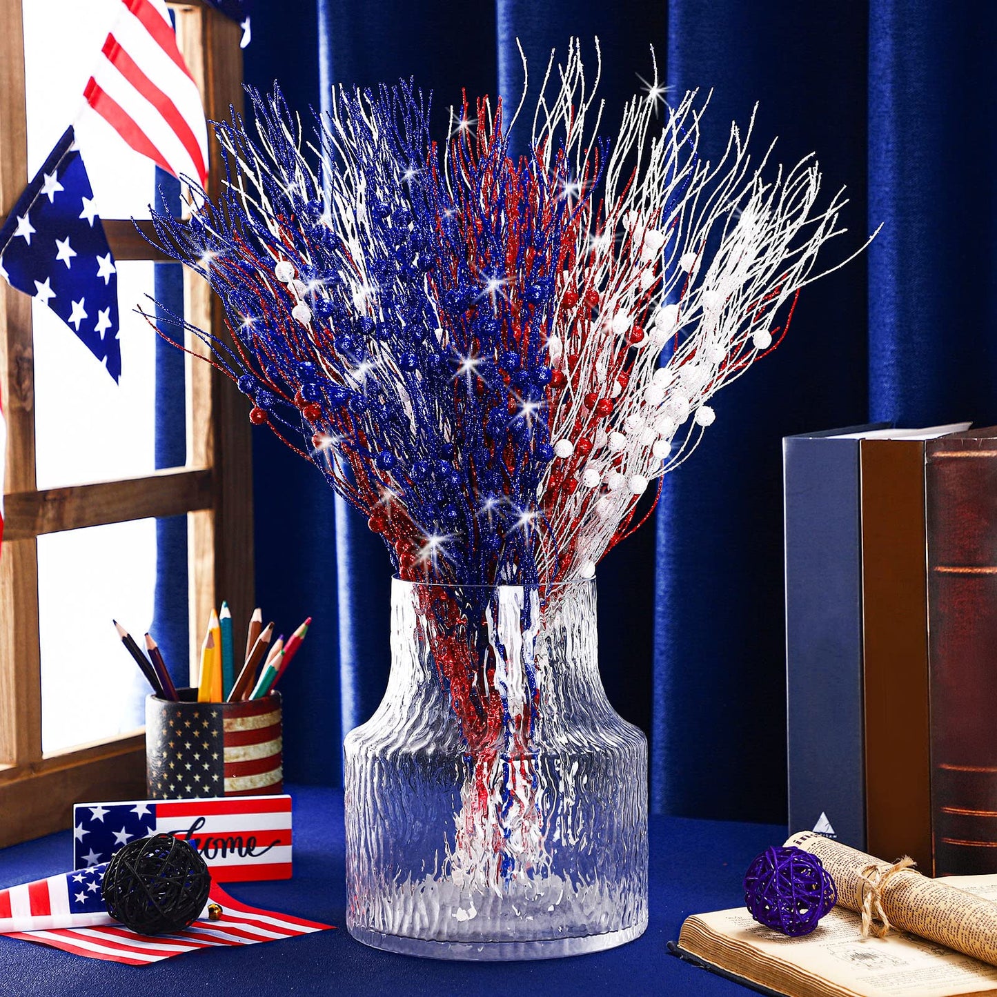 Giegxin 32 Pcs Patriotic Artificial Berry Stems Labour Day 17 Inch Berry Picks Memorial Day 4th of July Glitter Berry Stems Patriotic Picks for Independence Day Decor(Red, Blue, White)