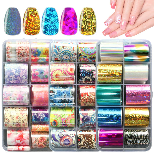 AddFavor 30 Roll Transfer Nail Foil Sticker Mandala Flower Printed Nail Foil Transfer Sheets Holographic Silver Golds Colorful Decals Nail Art Sticker for Women Girls